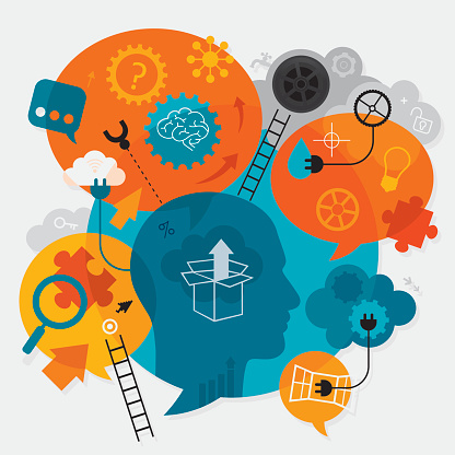 Vibrant vector illustration showing man while thinking out of the box. The head silhouette is surrounded with different elements/symbols which are showing different thoughts, processes and approaches while creative thinking processes. We can see puzzles for looking for the right parts/solutions; ladders for improvement; gears and wheels for thinking/working; speech bubbles for different thoughts/ideas; arrows for direction of thinking; question marks for questioning and self verification; open window for open mind; electric bulb for ideas; key for solutions ect. Illustration is nicely layered.