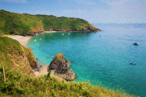 Lantic Bay Cornwall England near Fowey and Polruan with turquoise and blue sea on a beautiful summer day illustration like oil painting