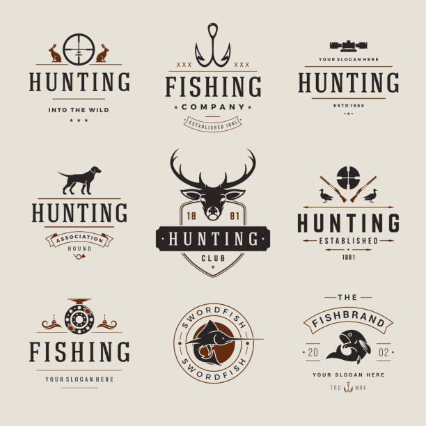 Set of Hunting and Fishing Labels, Badges, Logos Vector Design Set of Hunting and Fishing Labels, Badges, Logos Vector Design Elements Vintage Style. Deer head, hunter weapons, forest wild animals and other objects. Advertising Hunter Equipment. dog pointing stock illustrations