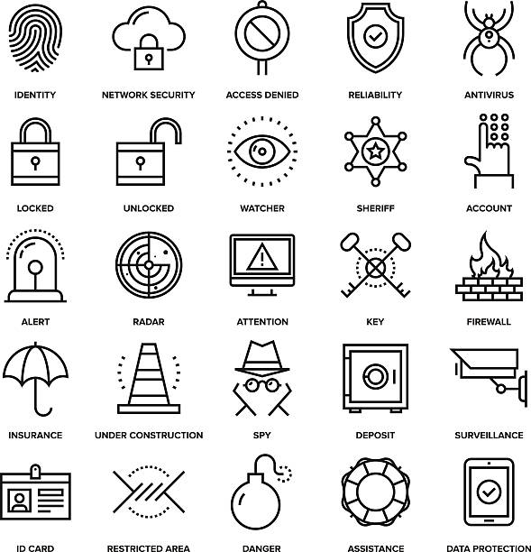 Security and Protection Abstract vector collection of line security and protection icons. Elements for mobile and web applications. bank vault icon stock illustrations