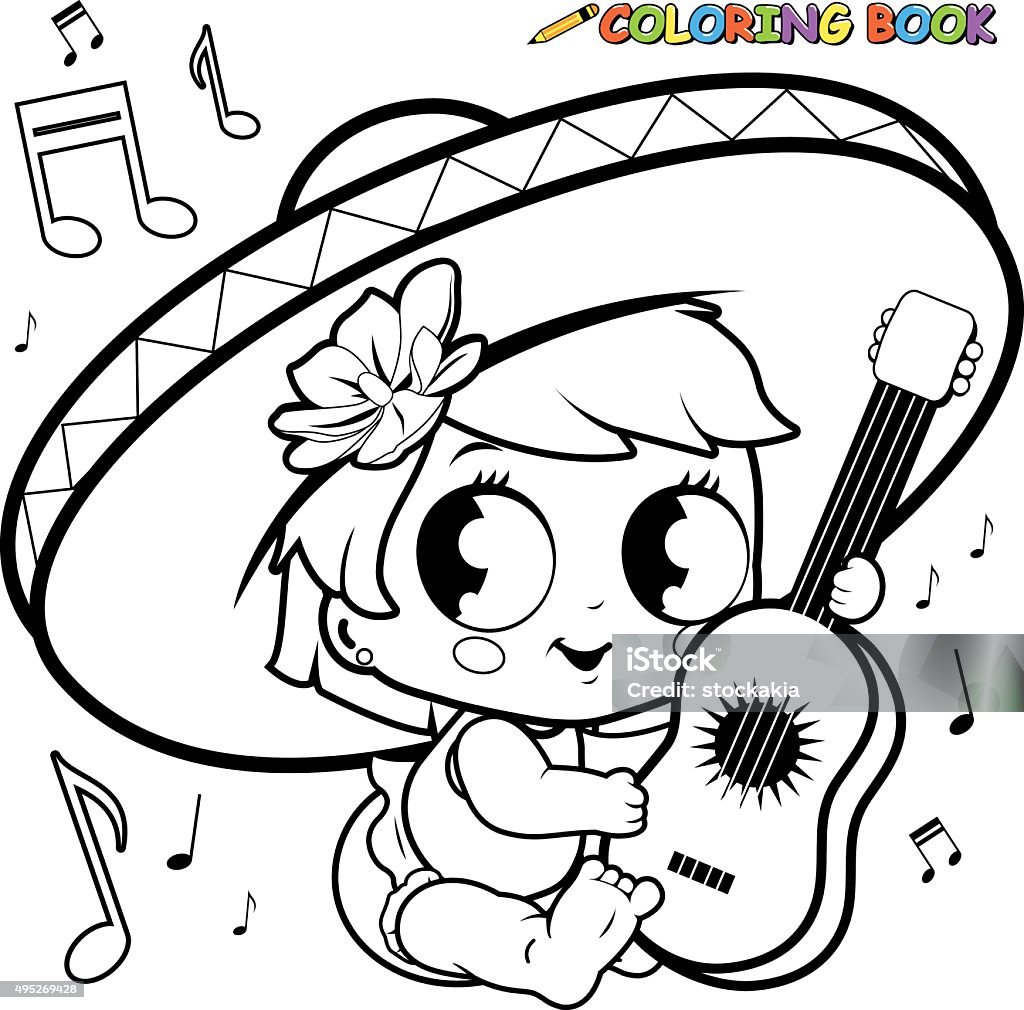 Mariachi baby girl playing the guitar coloring page Vector black and white outline illustration of a happy mariachi baby girl playing the guitar and singing. Coloring Book Page - Illlustration Technique stock vector