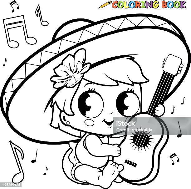 Mariachi Baby Girl Playing The Guitar Coloring Page Stock Illustration - Download Image Now