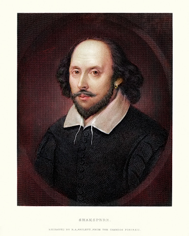 Vintage coloured engraving of William Shakespeare, after the Chandos portrait.