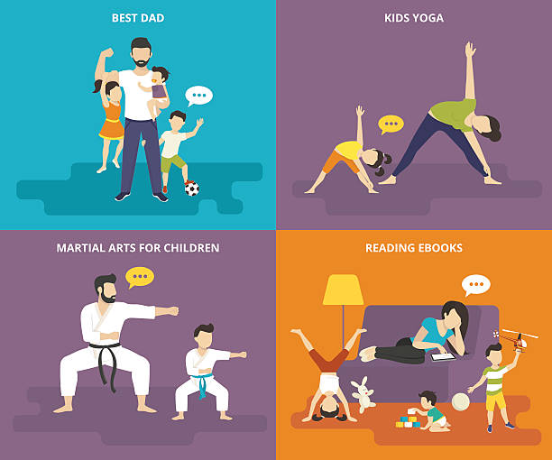 ilustrações, clipart, desenhos animados e ícones de família com crianças plana, conjunto de ícones de conceito - stretching yoga men good posture