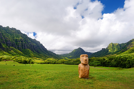 Easter island head on Kualoa Ranch, Oahu, Hawaii, Jurassic park filming site