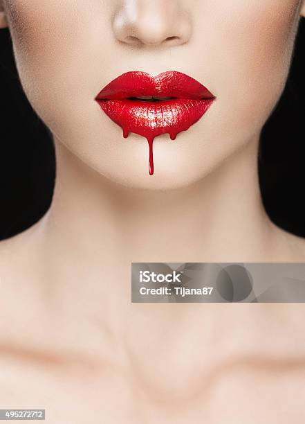 Red Lips Closeup Make Up Dripping Stock Photo - Download Image Now - Vampire, Human Lips, Blood