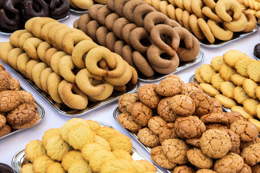 Selection of various pastry, rolls and cookies in a bakery or candy shop