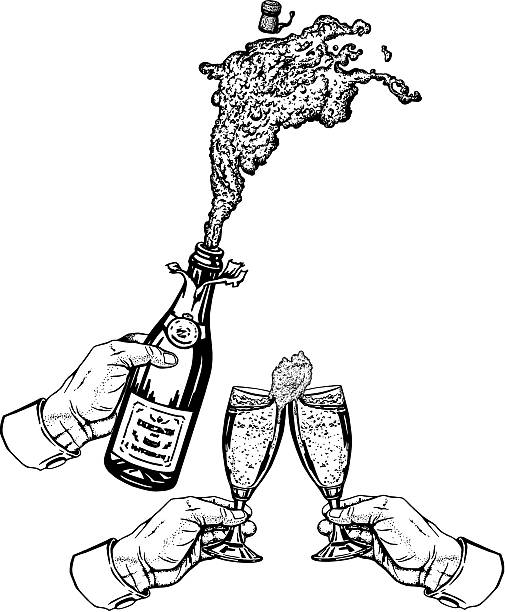 bottle of champagne with foam in hand and glasses in hands vector art illustration