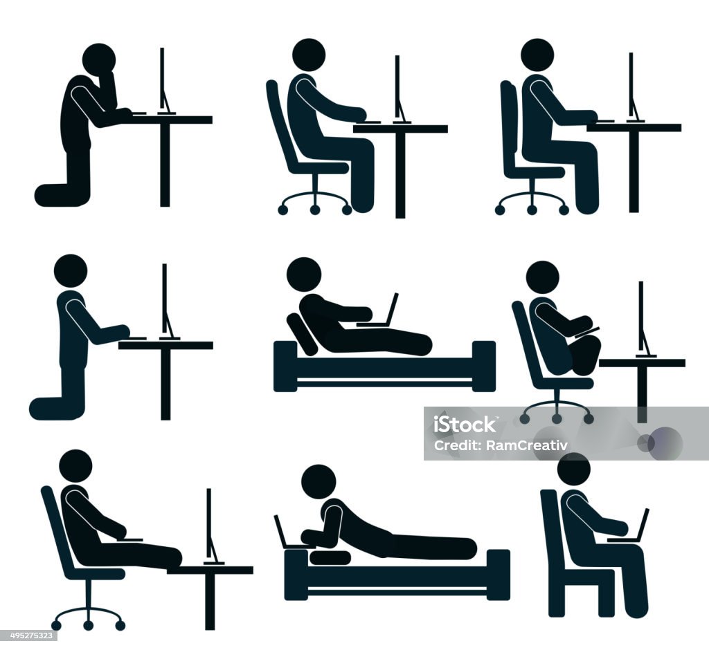 Bad and good working position of the human at the computer Bad and good working position of the human at the computer. Illustration Computer stock vector