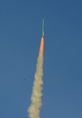 A rackete starts at the traditional rocket festival or Bun Bang Fai or Rocket Festival in Ban Si Than in the province of Amnat Charoen northwest of Ubon Ratchathani in northeastern Thailand in South-East Asia.