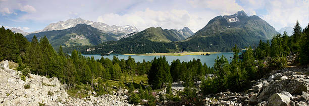 vue panoramique du lac sils. - oberengadin photos et images de collection