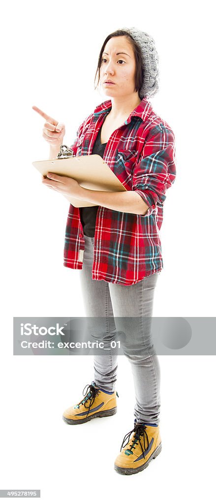 Young woman showing something with holding clipboard 25-29 Years Stock Photo