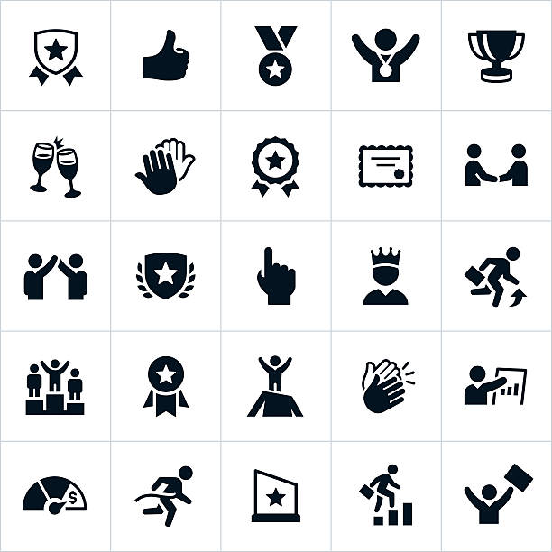 Business Award and Recognition Icons Recognition icons related to business. The icons include trophies, awards, achievements, recognition, winning and being on top of the business world. super money stock illustrations