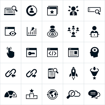 Search Engine Optimization and Search Engine Marketing Icons. The icons represent common symbols used in the industry. They include computers, web sites, web search, optimization, data, targeting and linking among others.
