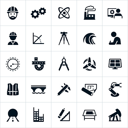 Icons related to the engineering fields. The icons include engineers, common engineering tools and the different engineering fields like industrial, mechanical, manufacturing, chemical, nuclear and civil engineering.