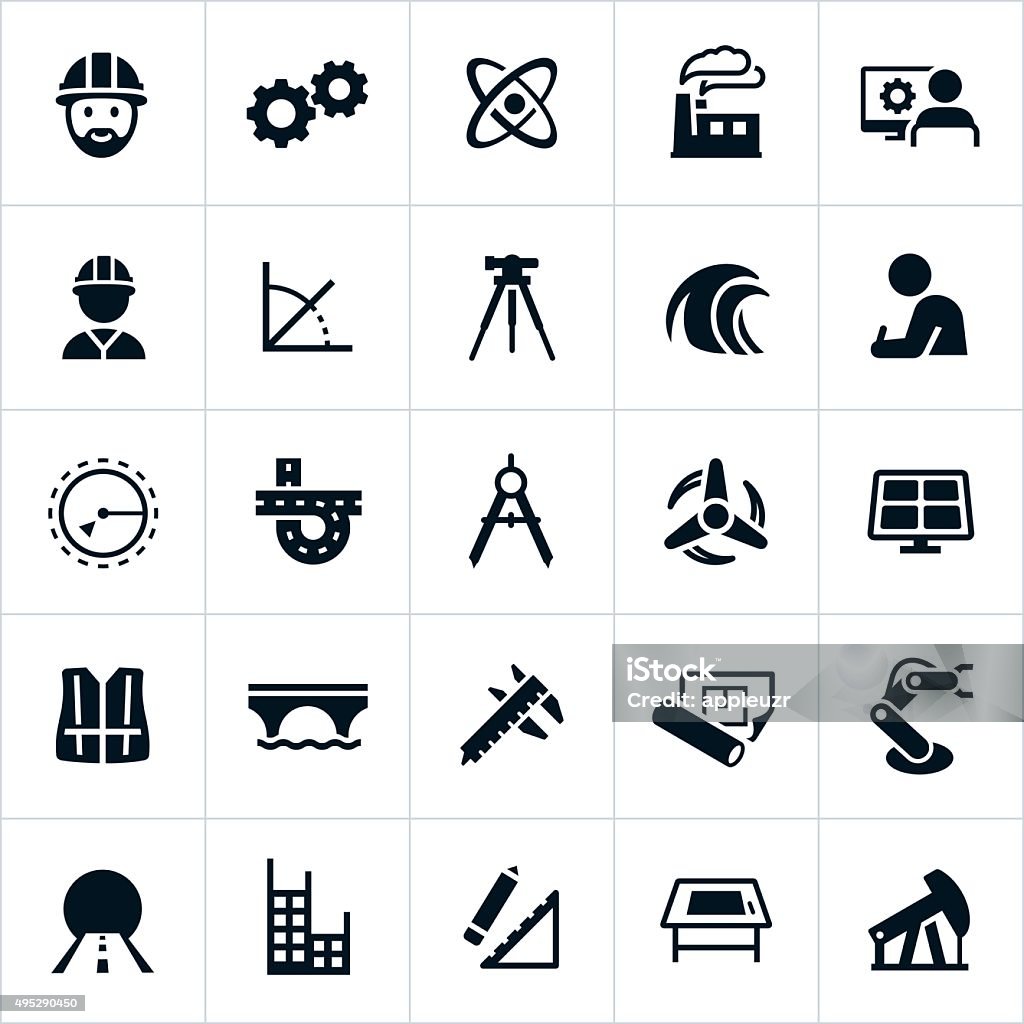 Engineering Icons Icons related to the engineering fields. The icons include engineers, common engineering tools and the different engineering fields like industrial, mechanical, manufacturing, chemical, nuclear and civil engineering. Icon Symbol stock vector