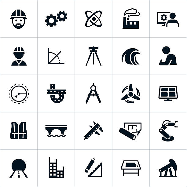 Engineering Icons Icons related to the engineering fields. The icons include engineers, common engineering tools and the different engineering fields like industrial, mechanical, manufacturing, chemical, nuclear and civil engineering. blueprint icons stock illustrations