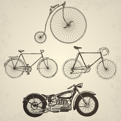 Vintage bicycles set. Isolated objects on grunge background.