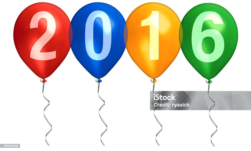 Colorful New Years Eve Helium 2016 Balloons On White Four floating multicolored balloons with streamers spelling out 2016 - isolated on white background. These are photographs composed together with the type graphics added. Canon 5D MarkII. 2015 Stock Photo