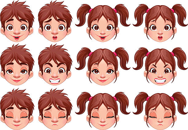 Different expressions of boy and girl vector art illustration