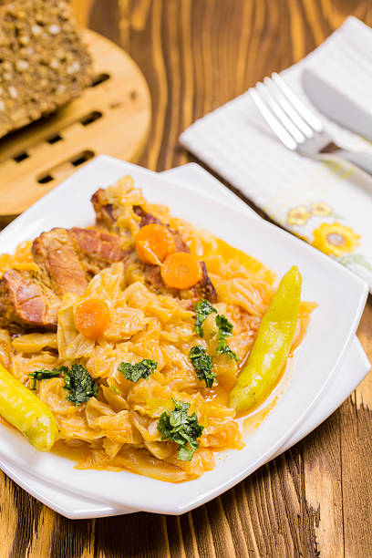 Cooked Cabbage with Carrots, Hot Peppers, Parsley stock photo