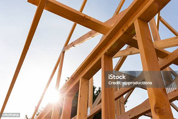Roof Trusses Of New Home Construction Stock Photo - Download Image Now - Construction Industry, Construction Site, Wood - Material