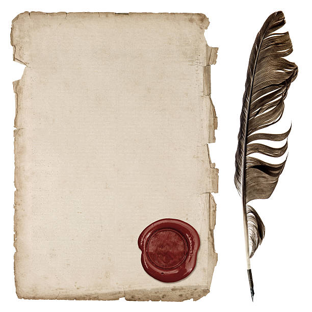 istock aged paper sheet with wax seal and ink feather pen 495301715