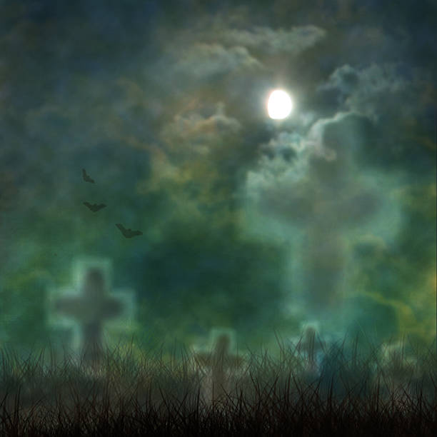 istock Spooky Halloween graveyard with dark clouds and ominous moon 495301723