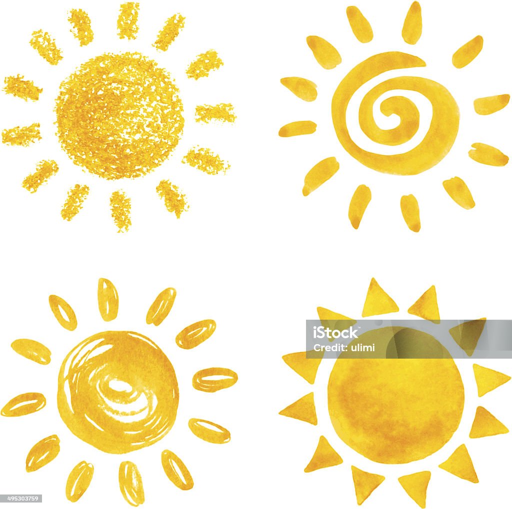 Sun Sun, watercolor and crayon drawing, set of four different variations. Sun stock vector