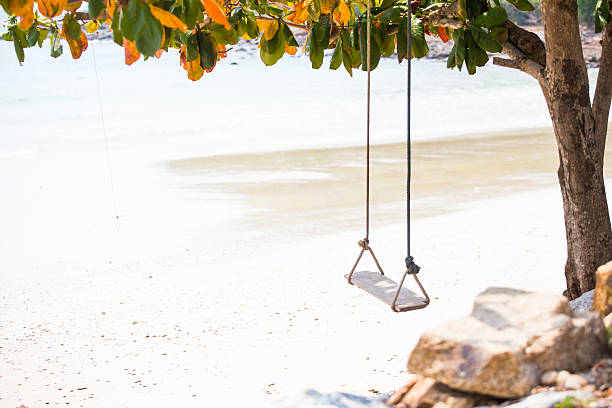 Swing, Sea, Thailand, Beach, Senior Adult, Swinging, Sky, Bay, Island, Sand, Water, Rope, Vibrant Color, Lifestyle, Nature, Travel Locations, Summer, Day, Sunlight, Travel, No People, Coastline, Resting, Fun, Enjoyment, Blue, Colors, Wood, Empty, Tropical Climate, Travel Destinations, Vacations, Asia, Koh Panangan