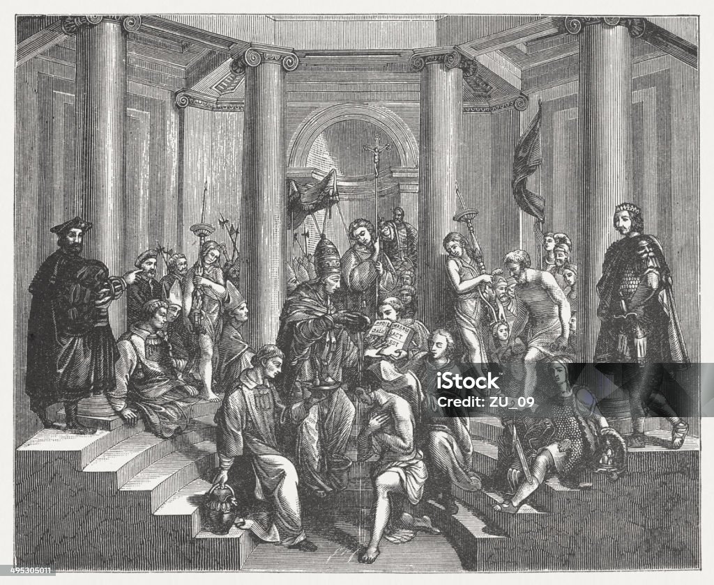Baptism of Constantine the Great by Pope Sylvester I The Baptism of Constantine the Great (c. 272 - 337) by Pope Sylvester I († 335). Woodcut engraving after a fresco (1517/25) by Raphael (Italian painter, 1483 - 1520) in the Sala di Constantino, Vatican, published in 1881. Pope stock illustration