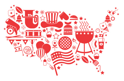 Map of USA with 4th July celebration symbols.
