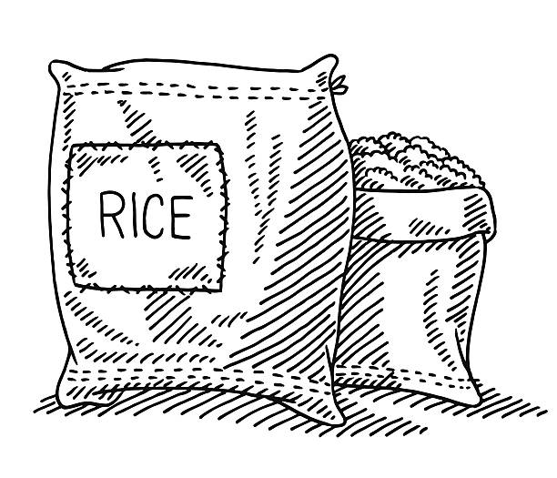 Sack Of Rice Drawing Hand-drawn vector drawing of a Sack Of Rice and an opened Sack behind. Black-and-White sketch on a transparent background (.eps-file). Included files are EPS (v10) and Hi-Res JPG. rice sack stock illustrations