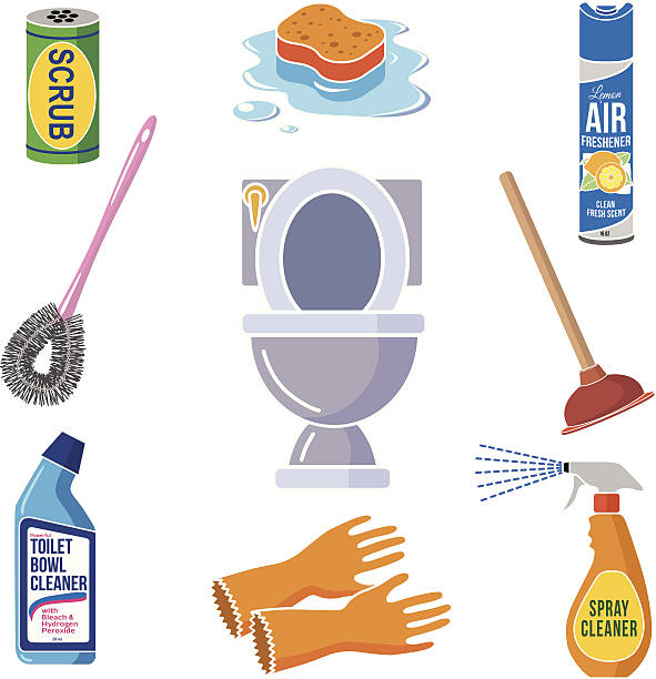 sprzątanie łazienki ikony w kolorze - toilet public restroom air freshener cleaning stock illustrations