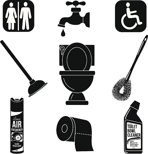 bathrom zestaw ikon czarny i biały) - toilet public restroom air freshener cleaning stock illustrations