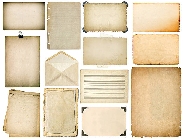 Old paper sheets with edges. Vintage book pages, cardboards Old paper sheets with edges. Vintage book pages, cardboards, music notes, photo frame with corner, envelope isolated on white background sheet music photos stock pictures, royalty-free photos & images