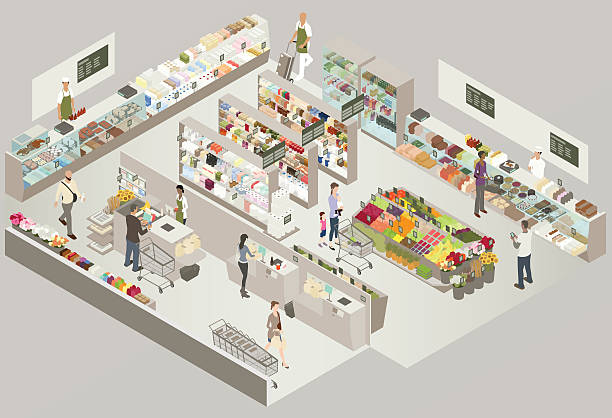Grocery Store Cutaway Illustration Interior of a grocery store is illustrated in isometric view. Includes produce section, bakery, deli, frozen foods, dairy, butcher and seafood counters, cashier, and self-checkout. Other details include customers, employees, shopping carts, and hundreds of packaged goods lining the shelves. supermarket illustrations stock illustrations