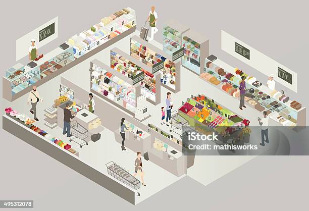 Grocery Store Cutaway Illustration Stock Illustration - Download Image Now - Supermarket, Isometric Projection, Illustration