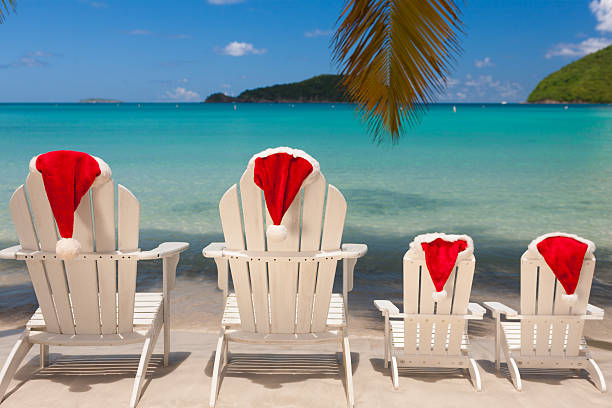 istock adirondack chairs with Santa Claus hats at a Caribbean beach 495312280