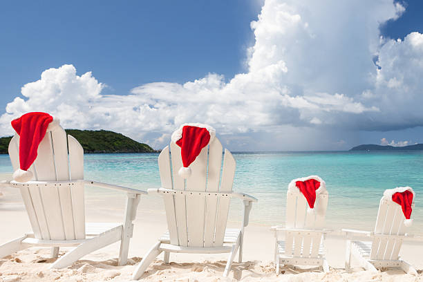 istock four adirondack chairs with Santa hats at a tropical beach 495312588