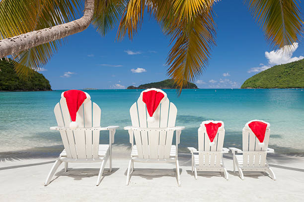 istock chairs with Santa hats under palm trees at a beach 495313124