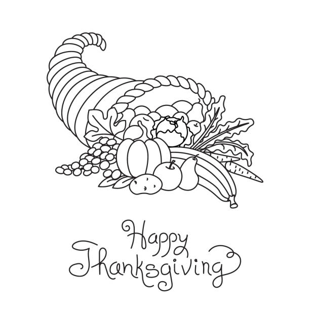 illustrazioni stock, clip art, cartoni animati e icone di tendenza di del ringraziamento cornucopia freehand doodle disegno vettoriale isolato - thanksgiving plum autumn apple