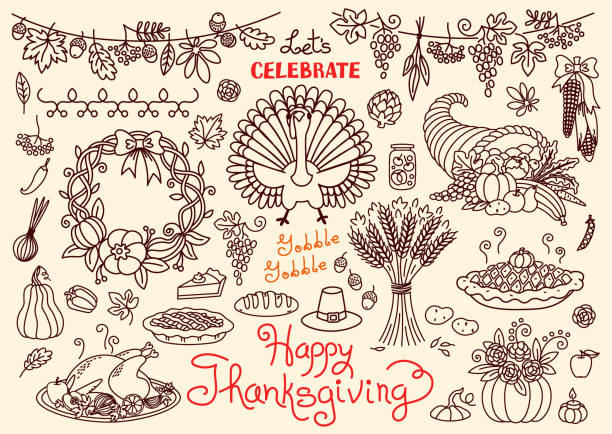 , by świętować szczęśliwy dziękczynienie gryzmoły zestaw. tradycyjne symbole - autumn clothing corn crop fashion stock illustrations