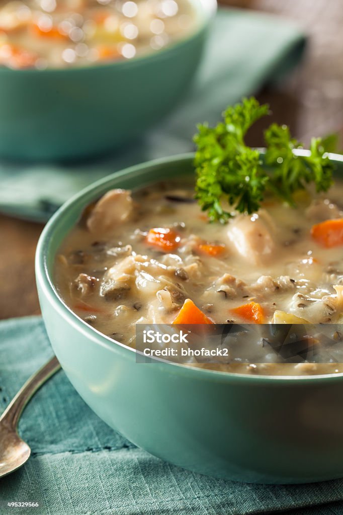 Homemade Wild Rice and Chicken Soup Homemade Wild Rice and Chicken Soup in a Bowl 2015 Stock Photo