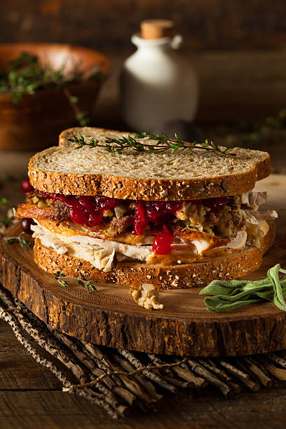 restes de sandwiches faits maison pour thanksgiving - sandwich turkey cranberry cheese photos et images de collection