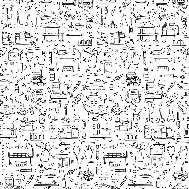 Seamless medical  hand drawn doodle pattern Vector  illustration for backgrounds, textile prints, covers, wrapping hospital drawings stock illustrations