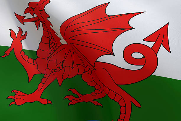 galés gales bandera ondeando en el viento - welsh flag flag welsh culture all european flags fotografías e imágenes de stock