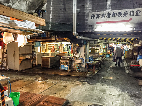 Tokyo, Japan - March 10, 2015: indoors view of the Tsukiji fish market in tokyo. It is the biggest wholesale fish and seafood market in the world. The market is located in central east of Tokyo, and is a major attraction for foreign visitors. traders are at work behind their counters for the sale of fish.