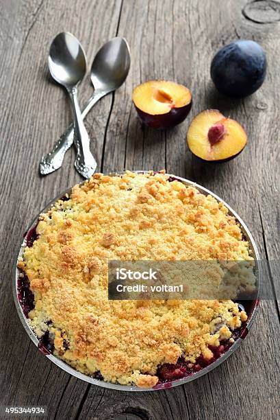 Plums Crumble Pie Stock Photo - Download Image Now - 2015, Baked, Baked Pastry Item
