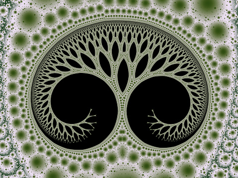 This green tree of life symbol is found deep within a mathematical fractal pattern image. The tree of life, or cosmic tree, is a universal feature in religion and philosophy. Celtic Ogham alphabetic symbols even allow you to write messages with trees. A tree connects the Earth to the sky, and also symbolises the spreading evolution of life. Like other fractals, this image is a kind of mathematical graph laid out as a picture. A number is put into an equation, and the answer is recorded as a coloured dot. That answer is then put into the same equation to generate a second answer, which is also recorded. This procedure is repeated thousands of times, with each new answer being used to generate the next one. The end results can be astonishingly complicated and beautiful, and any part of the image may be enlarged in order to reveal even more complexity.